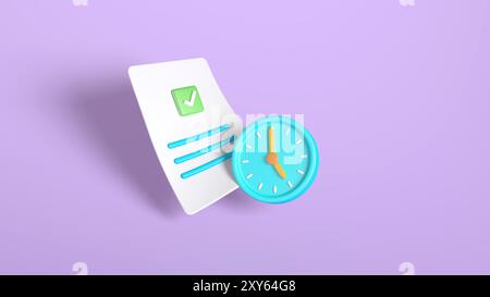 A 3D illustration of a checklist with a green check mark and a clock icon, set against a purple background. Ideal for productivity, time management, a Stock Photo