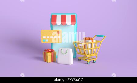 A 3D illustration representing online shopping, featuring a smartphone storefront, credit card, shopping cart, and gift boxes on a purple background. Stock Photo