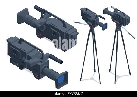 Isometric Professional digital video camera. The video camera with the microphone is standing on the tripod isolated on white, Concept of technology Stock Vector