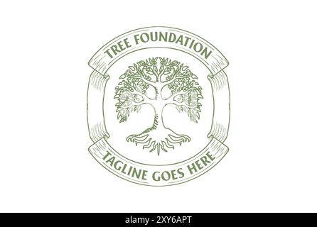 Vintage Retro Circular Oak Banyan Tree Service of Life Badge Label Seal Sticker Logo Design Vector Stock Vector