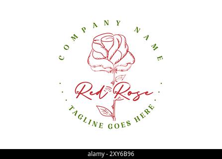 Retro Vintage Hand Drawn Red Rose Flower Logo Design Stock Vector