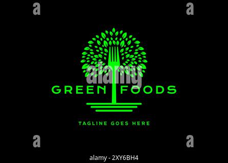 Green Tree Plant Leaf with Fork for Nature Organic Health Food Logo Design Stock Vector