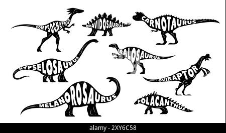 Dinosaurs silhouettes with lettering, Jurassic era lizards and dino characters, cartoon vector. Prehistoric dinosaurs species of dravidosaurus, carnotaurus and melanosaurus and oviraptor silhouettes Stock Vector