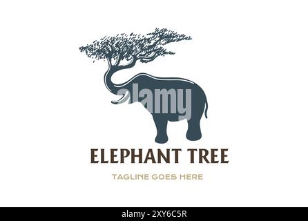 Elephant Silhouette with Trunk Tree Forest for Savanna Conservation Zoo Logo Design Stock Vector