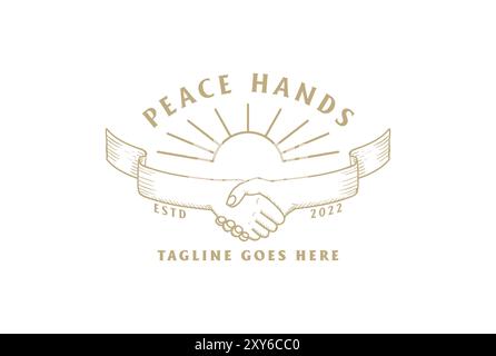 Vintage Hand Shake Ribbon with Golden Sun for Peace Deal Community Unity Teamwork Logo Design Stock Vector