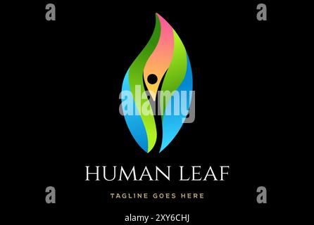Simple Minimalist Human with Leaf for Yoga Wellness Health or Herb Spa Logo Design Stock Vector