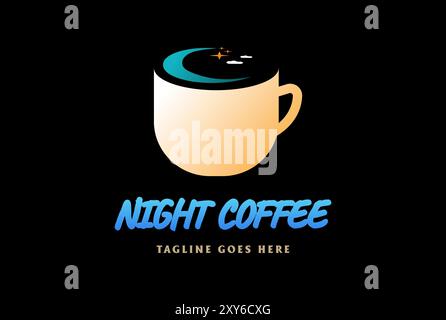 Modern Coffee Cup Mug with Night Crescent Moon and Star Cloud for Bar Cafe Restaurant Logo Design Vector Stock Vector