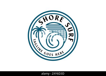 Circular Sun Palm Coconut Tree with Ocean Sea Wave for Surf Beach Vacation Logo Design Vector Stock Vector