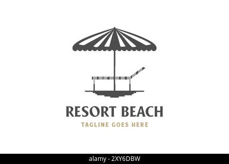 Vintage Beach Umbrella Parasol and Sun Chair on the Sand for Travel Vacation Logo Design Vector Stock Vector