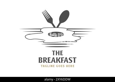 Vintage Sunny Side Up Egg and Spoon Fork with Beach for Cafe Restaurant Logo Design Vector Stock Vector