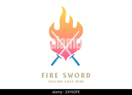 Modern Flame Fire with Sword Blade Weapon Logo Design Vector Stock Vector