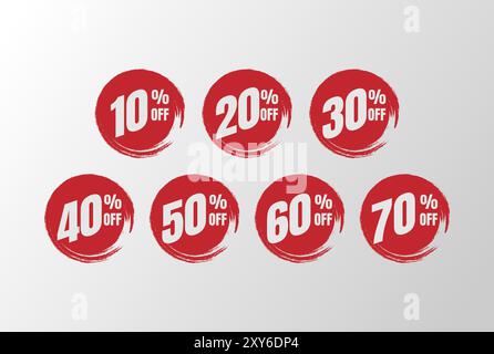 Sale tags set vector badges template with percent sale label symbols, discount promotion flat icon clearance sale sticker emblem red grunge brush Stock Vector