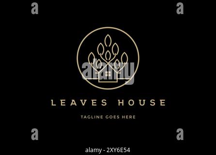 Luxury Golden House Tree Leaf Foliage Logo Design Inspiration Stock Vector
