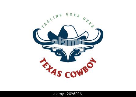 Texas Cowboy Hat with Longhorn Bull and Guns Badge Emblem Logo Design Stock Vector