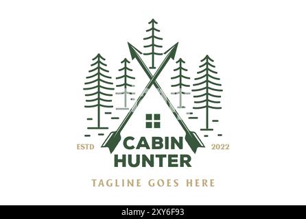 Pine Evergreen Spruce Conifer Larch Fir Forest with Arrow House Chalet Cabin Cottage for Hunting Club Logo Design Stock Vector