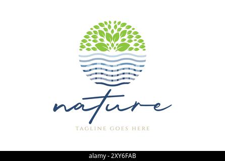 Circular Nature Green Leaf Plant Tree with Water Creek River Lake Logo Design Stock Vector