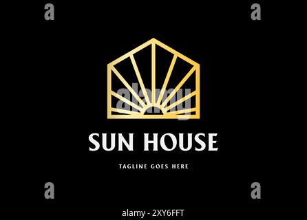 Simple Minimalist Golden Elegant Luxury Geometric Sun House Logo Design Vector Stock Vector
