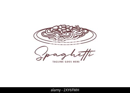 Retro Vintage Hand Drawn a Dish of Italian Food Spaghetti Noodle for Cafe Restaurant Logo Design Stock Vector