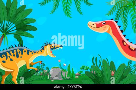 Cartoon prehistoric dinosaurs. Vibrant vector background with neovenator and ouranosaurus dino in a lush jungle backdrop with dense tropical foliage, ferns, and palm trees against a clear blue sky Stock Vector