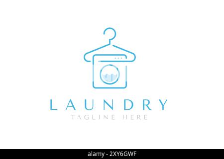 Laundry logo design template. Creative logo of hanger and washing machine combination in linear style Stock Vector