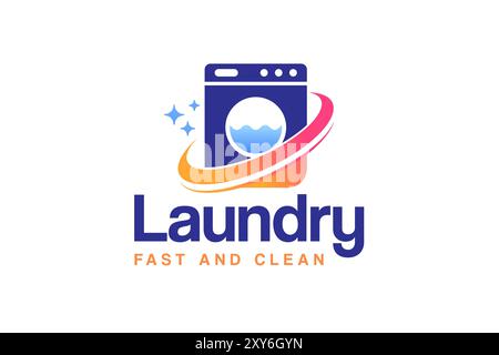 Laundry logo design template. Fast and clean laundry service logo with washing machine illustration Stock Vector