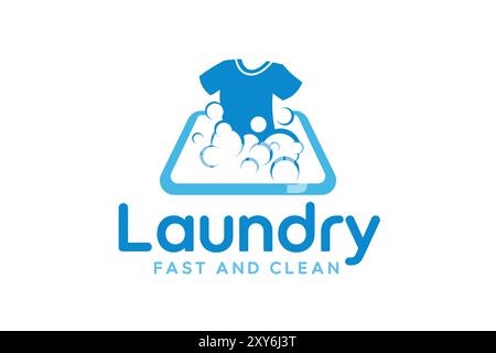 Laundry logo design template. Clothes illustration with detergent bubbles for laundry service logo Stock Vector