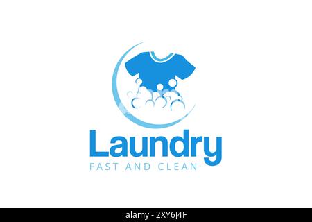 Laundry logo design template. Clothes illustration with detergent bubbles for laundry service logo Stock Vector