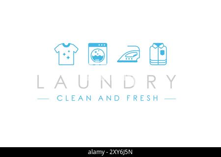 Laundry logo design template. Washing machine, clothes, iron, and folded clothes line outline icon Stock Vector