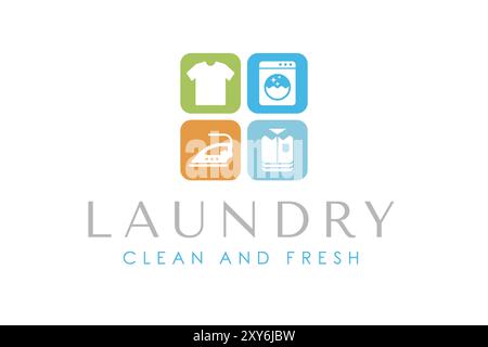 Creative laundry logo design template. Washing machine, clothes, iron, and folded clothes icon Stock Vector