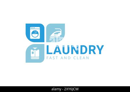 Creative laundry service logo template. Washing machine, iron, and folded clothes icon Stock Vector