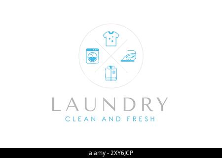 Laundry logo design template. Washing machine, clothes, iron, and folded clothes line outline icon Stock Vector