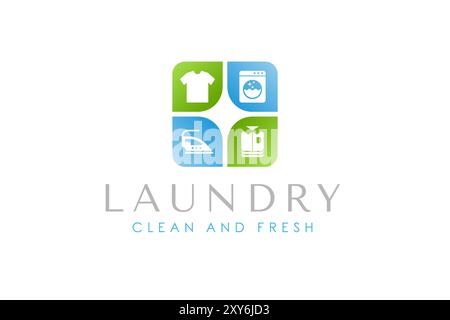 Laundry service logo template. Washing machine, clothes, iron, and folded clothes icon Stock Vector