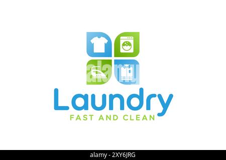 Laundry service logo template. Washing machine, clothes, iron, and folded clothes icon Stock Vector