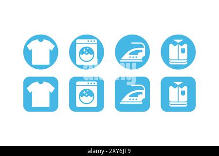 Simple laundry icon set in blue color. Clothes, washing machine, ironing, and folded clothes icon Stock Vector