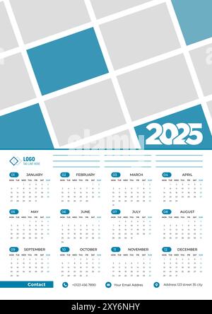 Calendar 2025 Design, Wall Calendar Design Template, A4 Size, Stock Vector