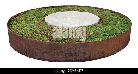 Rusty round iron flower bed with green  grass. Isolated on white Stock Photo