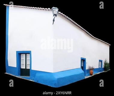 Stone rustic barn plastered in white and blue. Isolated on white Stock Photo