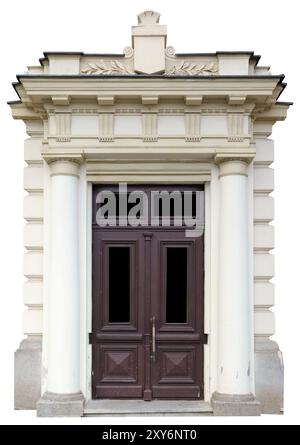 The entrance to the old building is decorated with columns and stucco. Isolated on white Stock Photo