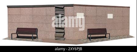 Rest benches near a granite wall in a public park. Isolated on white Stock Photo