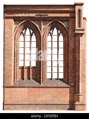 The ancient red brick building is decorated with tall arched windows. Isolated on white Stock Photo