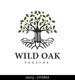 Wild Oak Logo Design silhouette of a sturdy oak tree with deep roots Stock Vector