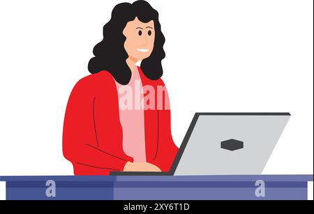 Woman working with a laptop on a desk on a white background Stock Vector