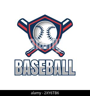 Vector logo with baseball design in the center of the shield, complemented by two crossed baseball bats, suitable for baseball teams, leagues or event Stock Vector