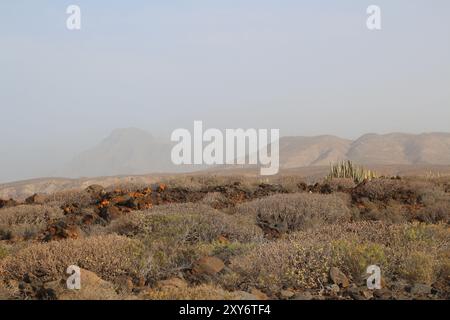 Calima weather condition with low visibility due to sarah dust in the air on Tenerife island (Spain) Stock Photo