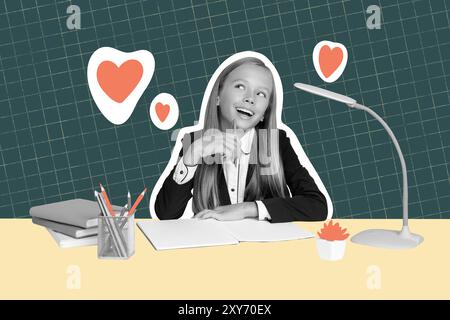 Composite photo collage of happy blonde schoolgirl think homework school supplies hearts valentine day isolated on painted background Stock Photo