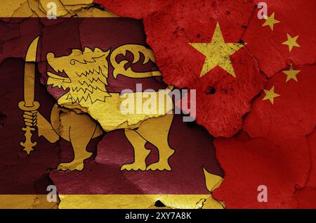 Flags of Sri Lanka and China painted on cracked wall Stock Photo