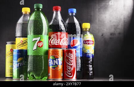 POZNAN, POLAND, AUG 18, 2017: Global soft drink market is dominated by brands of few multinational companies founded in North America. Among them are Stock Photo