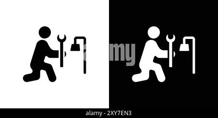 Plumber repairing pipe icon set in black and white color. simple flat vector Stock Vector