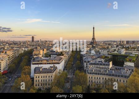 Paris France aerial view city skyline at Eiffel Tower and Champs Elysees street Stock Photo