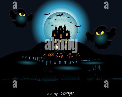 A Halloween themed poster with a house, ghosts, bats, and pumpkins. The poster says 'Happy Halloween' in bold letters Stock Vector